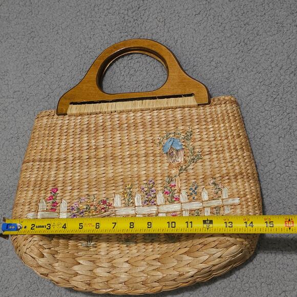 Vintage Cappelli Straw Handbag Wood Handles Floral Lined Woven Purse Cottagecore - Picture 4 of 11